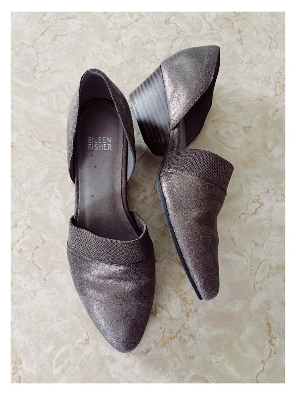 Eileen Fisher Sz 8 Hilly D'orsay Metallic Gunmetal Gray Leather Block Heel